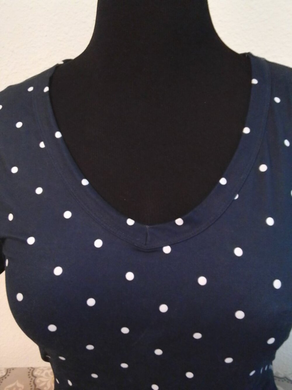 V neck Stretch Navy Blue White Polka dot Top
